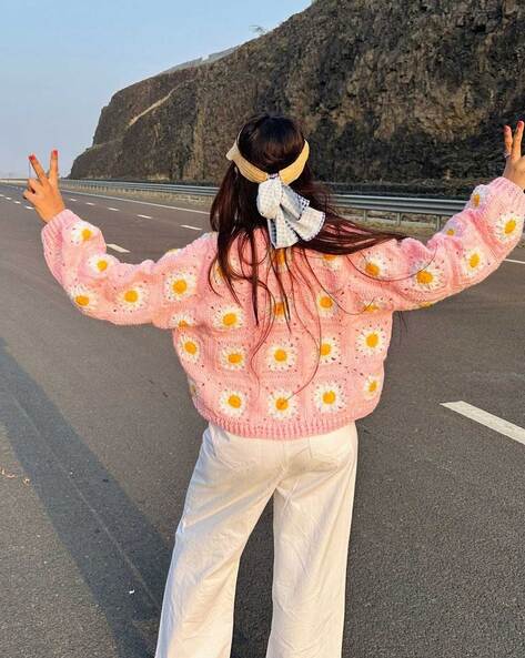 Pink Daisy Bloom Crochet Cardigan