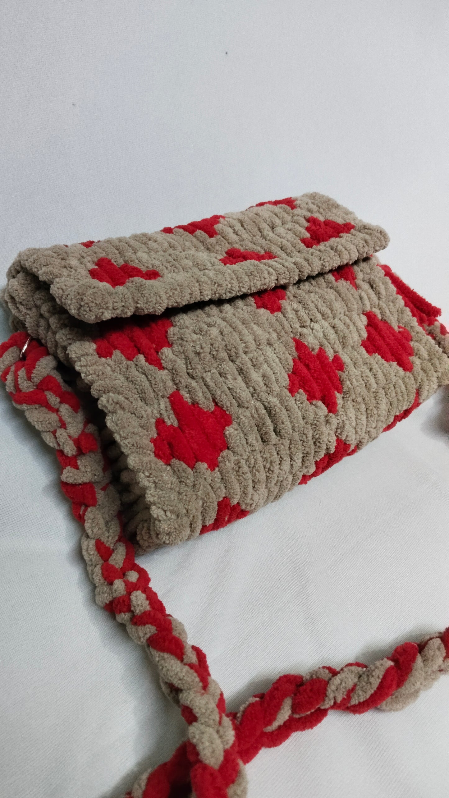 Beige and Red Textured Sling Bag
