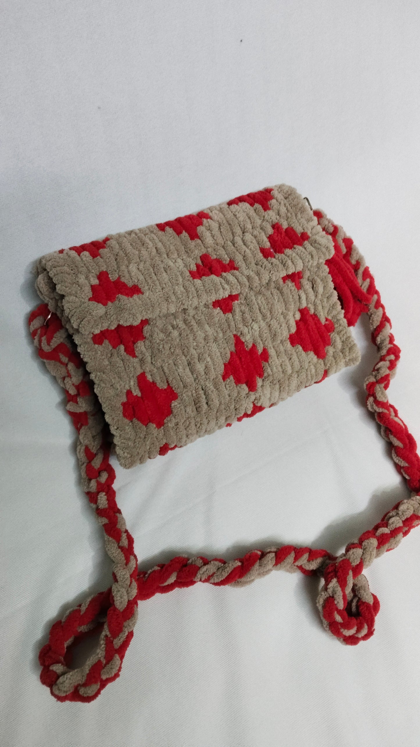 Beige and Red Textured Sling Bag