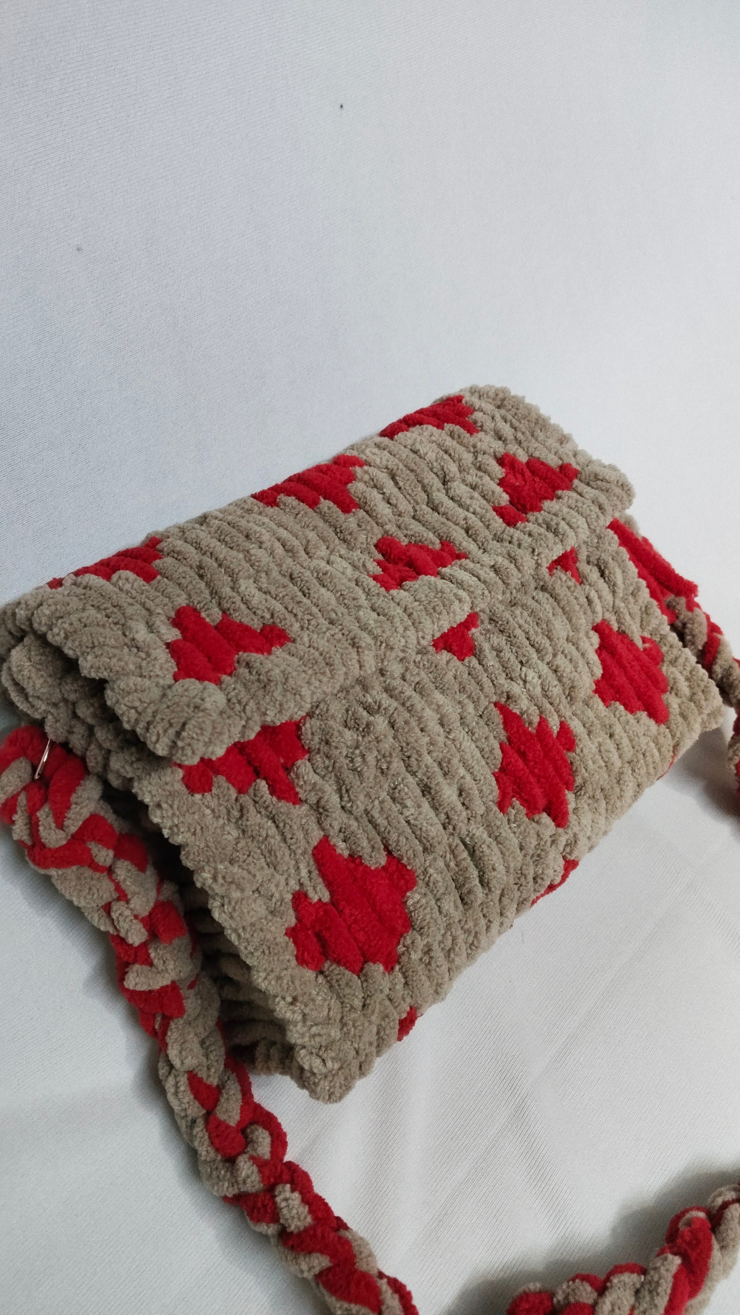 Beige and Red Textured Sling Bag