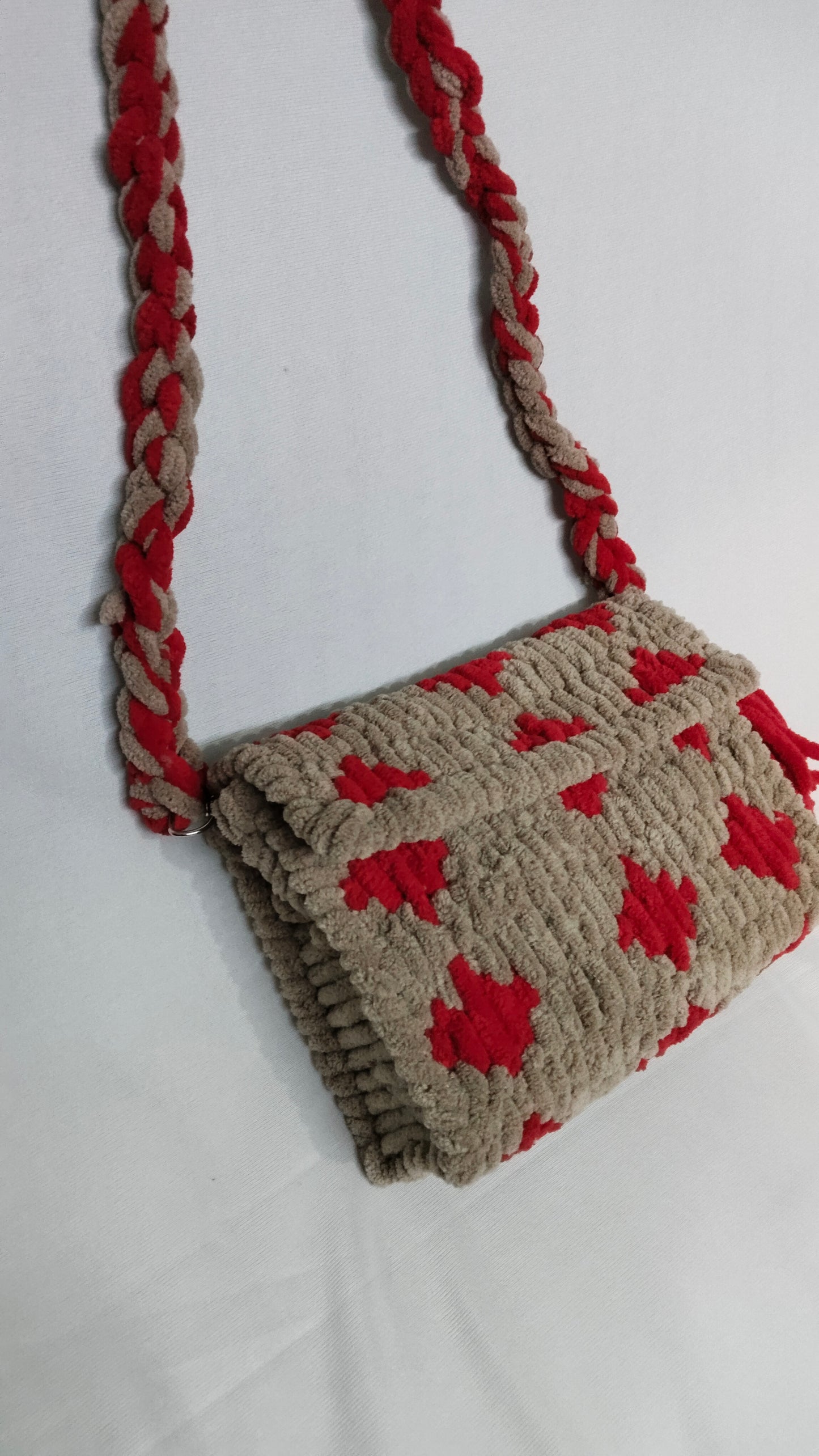 Beige and Red Textured Sling Bag