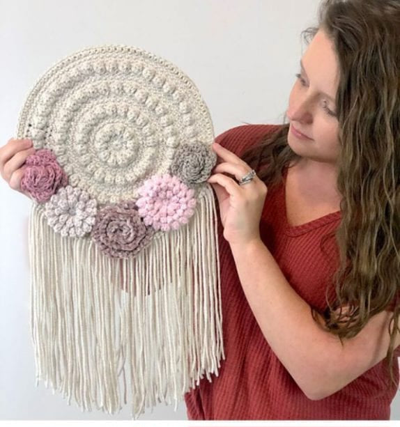Crochet Mandala Wall Hanging with Floral Accents and Tassels