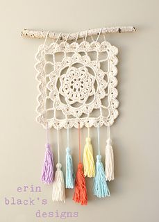 Crochet Square Wall Hanging with Tassels on a Branch