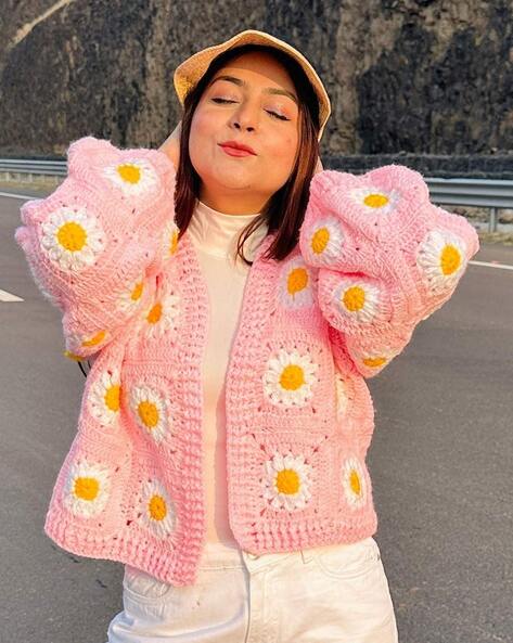 Pink Daisy Bloom Crochet Cardigan