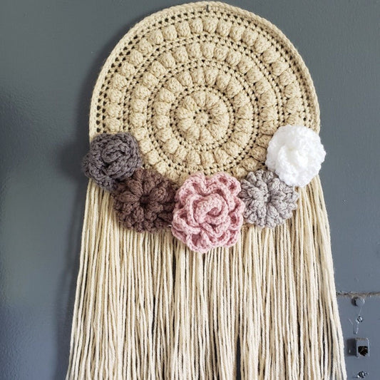 Crochet Mandala Wall Hanging with Floral Accents and Tassels