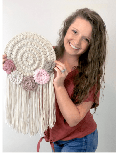 Crochet Mandala Wall Hanging with Floral Accents and Tassels