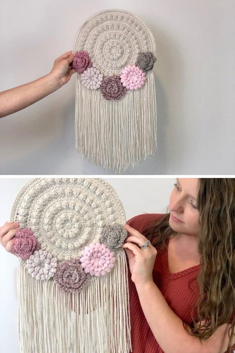 Crochet Mandala Wall Hanging with Floral Accents and Tassels