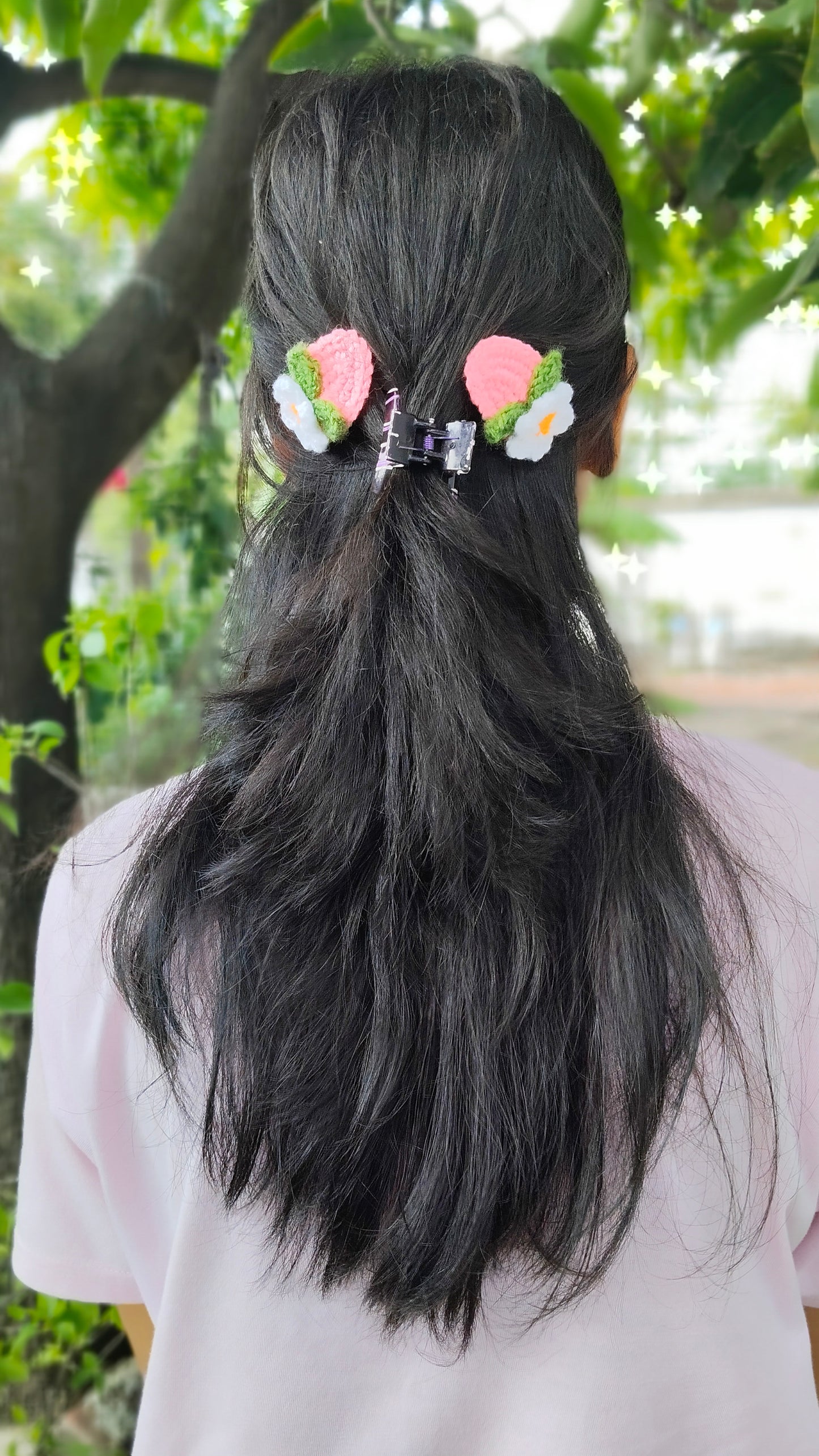 Handcrafted Crochet Strawberry Leaf Hair Clips – Pink &amp; White Floral Set