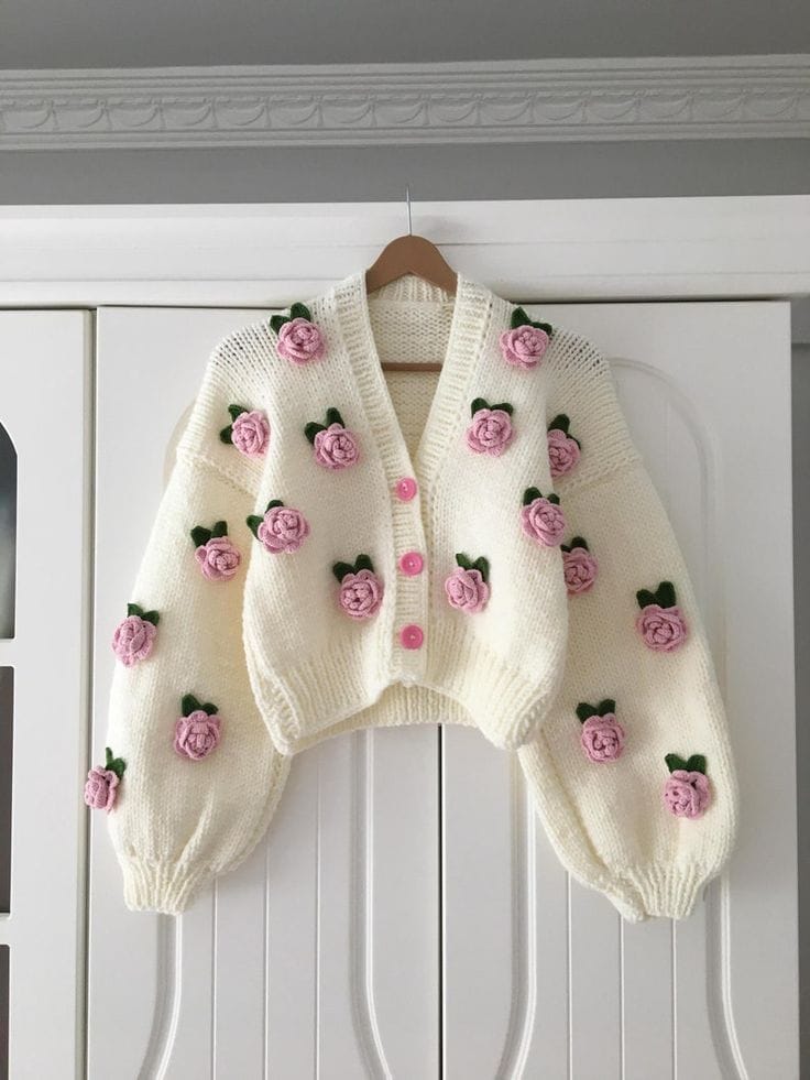 Rose Bloom Crochet Cardigan 🌸 – Divsfashionn