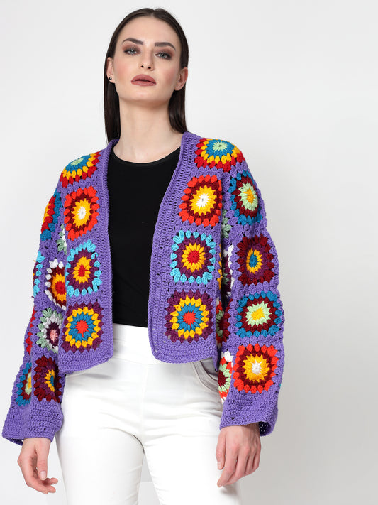 Boho Vibe Purple Multicolor Crochet Cardigan