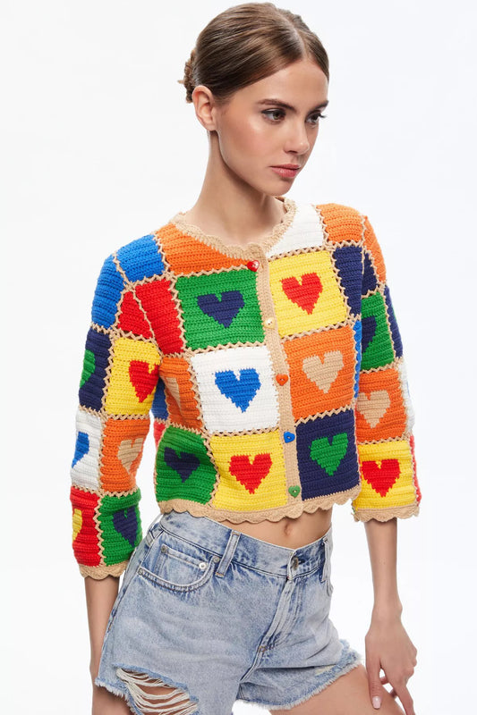 Patchwork Hearts Crochet Cardigan