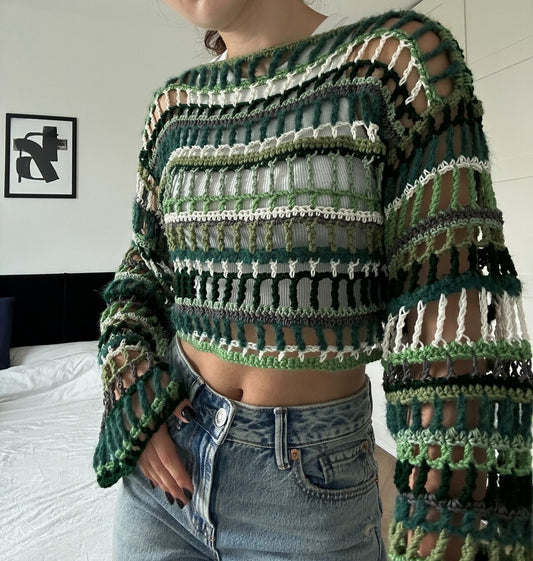 Forest Stripes Openwork Crochet Top